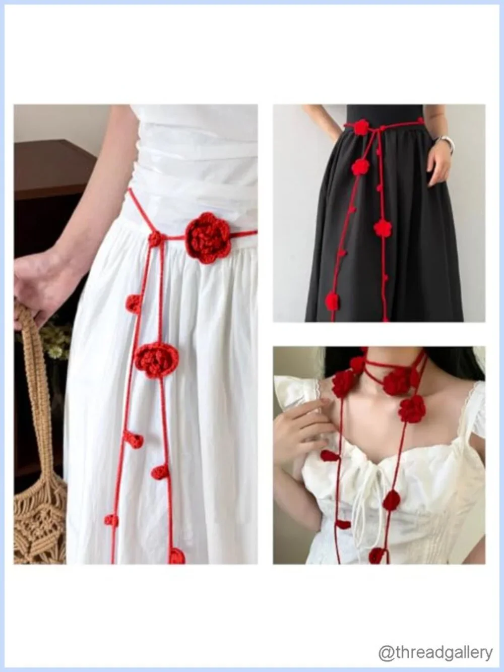 Hand Crocheted Cotton Rose Braided Waist Belt Rope Boho Style